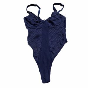 80s European Vintage Triumph Dot Lace Panel Bodysuit Lingerie Dark Blue Size S/M